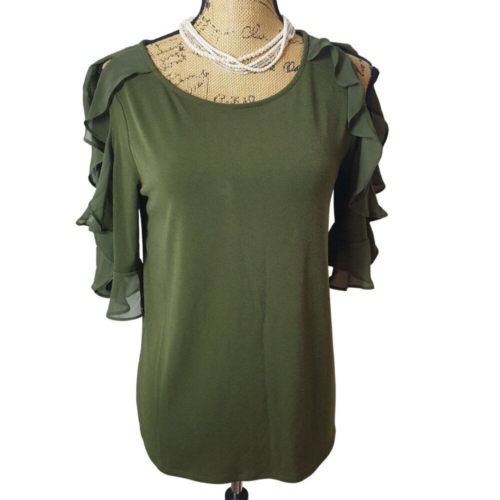 Worthington Womens Cold Shoulder Yop S Olive Green Ruffle Cottagecore Festive